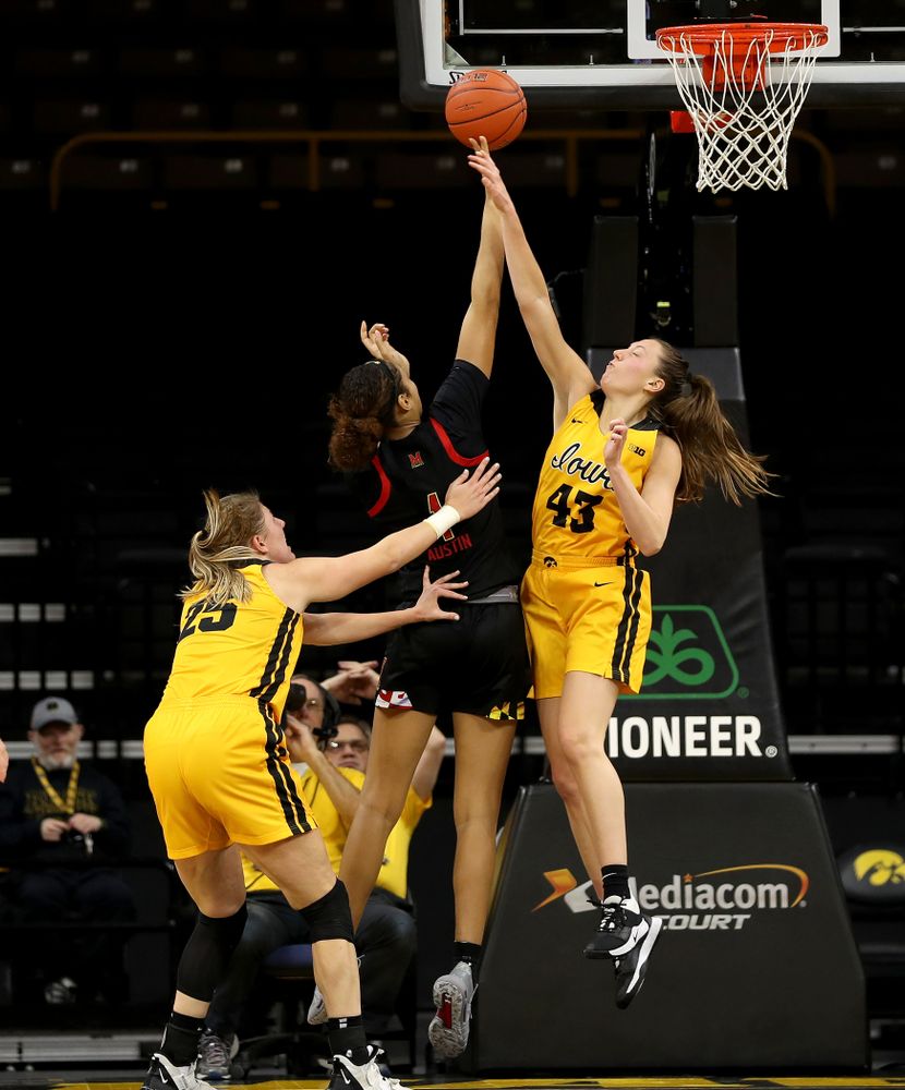 Iowa Hawkeyes forward Amanda Ollinger (43) against the Maryland Terrapins Thursday, January 9, 2020 at Carver-Hawkeye Arena. (Brian Ray/hawkeyesports.com)