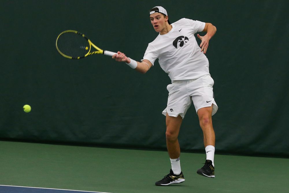 Iowa’s Joe Tyler hits a forehand during the Iowa men’s tennis match vs Western Michigan on Saturday, January 18, 2020 at the Hawkeye Tennis and Recreation Complex. (Lily Smith/hawkeyesports.com)
