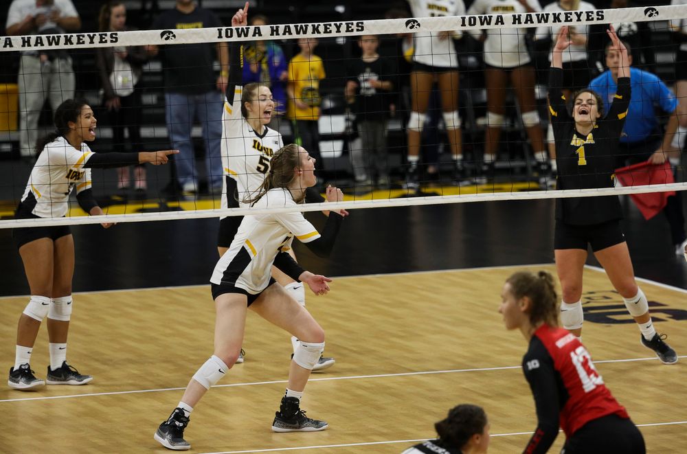 Iowa Hawkeyes middle blocker Hannah Clayton (18) celebrates after winning a point during a match against Rutgers at Carver-Hawkeye Arena on November 2, 2018. (Tork Mason/hawkeyesports.com)