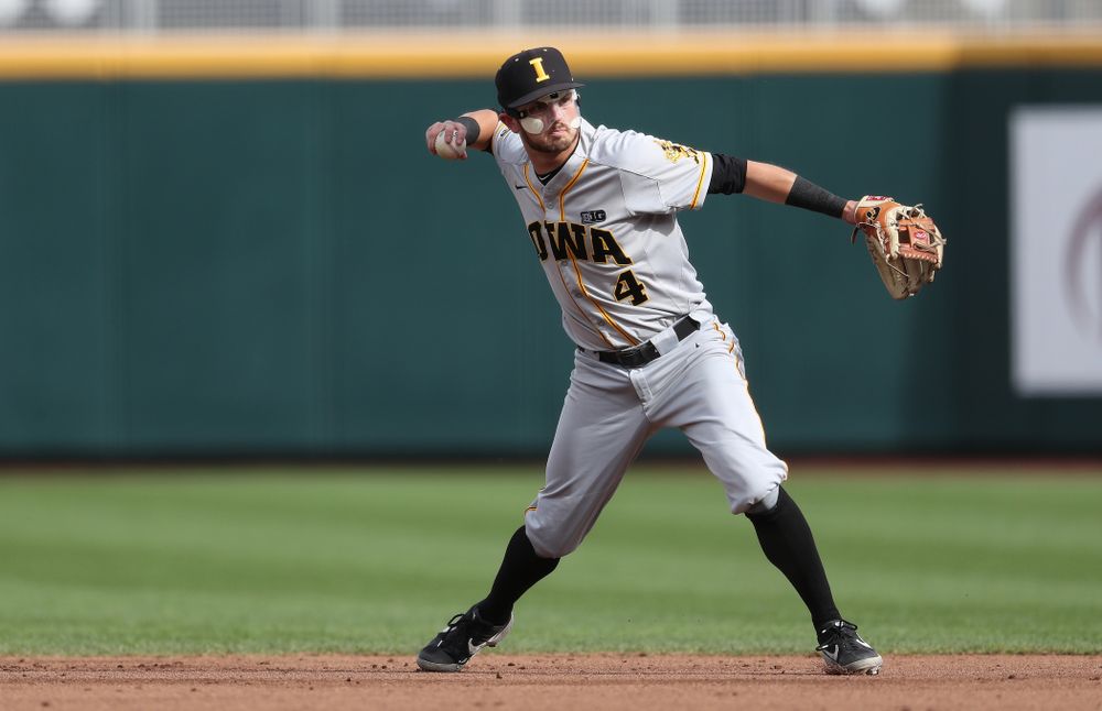 Iowa Hawkeyes infielder Mitchell Boe (4) against the Indiana Hoosiers in the first round of the Big Ten Baseball Tournament Wednesday, May 22, 2019 at TD Ameritrade Park in Omaha, Neb. (Brian Ray/hawkeyesports.com)