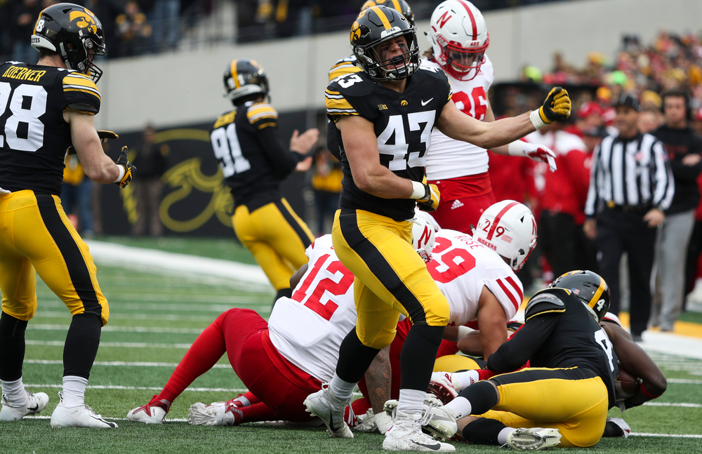 Iowa Hawkeyes lineback Dillon Doyle (43) reacts after making a tackle on a kickoff during a game against Nebraska at Kinnick Stadium on November 23, 2018. (Tork Mason/hawkeyesports.com)