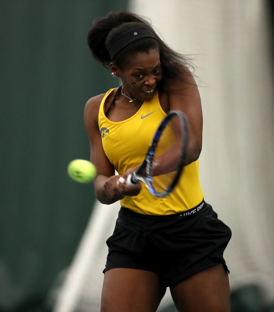 Iowa's Adorabol Huckleby against the Iowa State Cyclones Friday, February 8, 2019 at the Hawkeye Tennis and Recreation Complex. (Brian Ray/hawkeyesports.com)