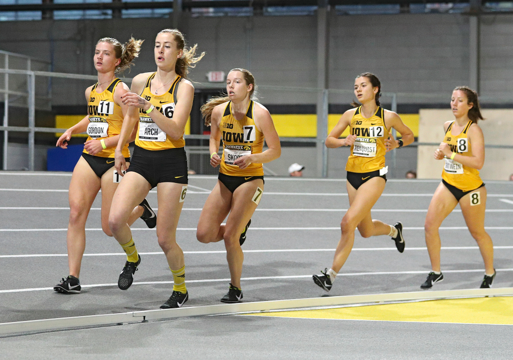 Iowa’s Emma Gordon (from left), Mary Arch, Gabby Skopec, Wren Renquist, and Maggie Gutwein run the women’s 3000 meter run event during the Hawkeye Invitational at the Recreation Building in Iowa City on Saturday, January 11, 2020. (Stephen Mally/hawkeyesports.com)