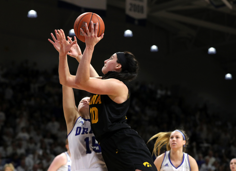 Iowa Hawkeyes forward Megan Gustafson (10) against the Drake Bulldogs Friday, December 21, 2018 at the Knapp Center in Des Moines. (Brian Ray/hawkeyesports.com)