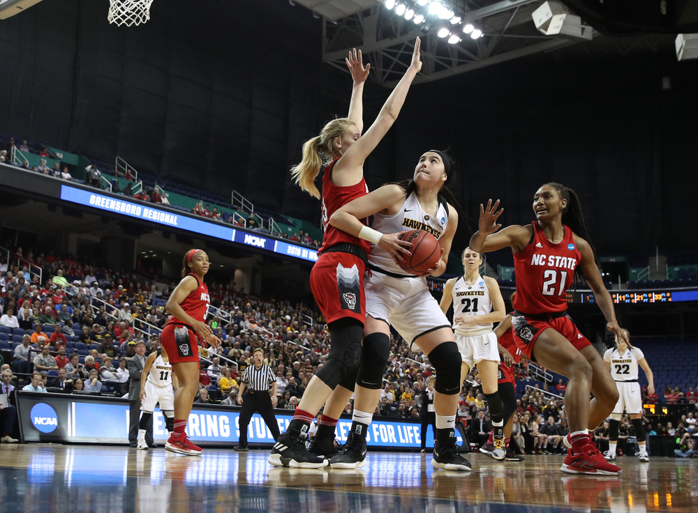 Iowa Hawkeyes forward Megan Gustafson (10) against the NC State Wolfpack in the regional semi-final of the 2019 NCAA Women's College Basketball Tournament Saturday, March 30, 2019 at Greensboro Coliseum in Greensboro, NC.(Brian Ray/hawkeyesports.com)