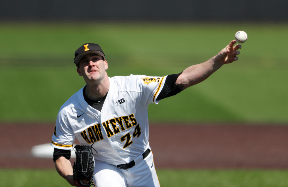 Iowa Hawkeyes pitcher Nick Allgeyer (24) against the Ohio State Buckeyes Saturday, April 7, 2018 at Duane Banks Field. (Brian Ray/hawkeyesports.com)
