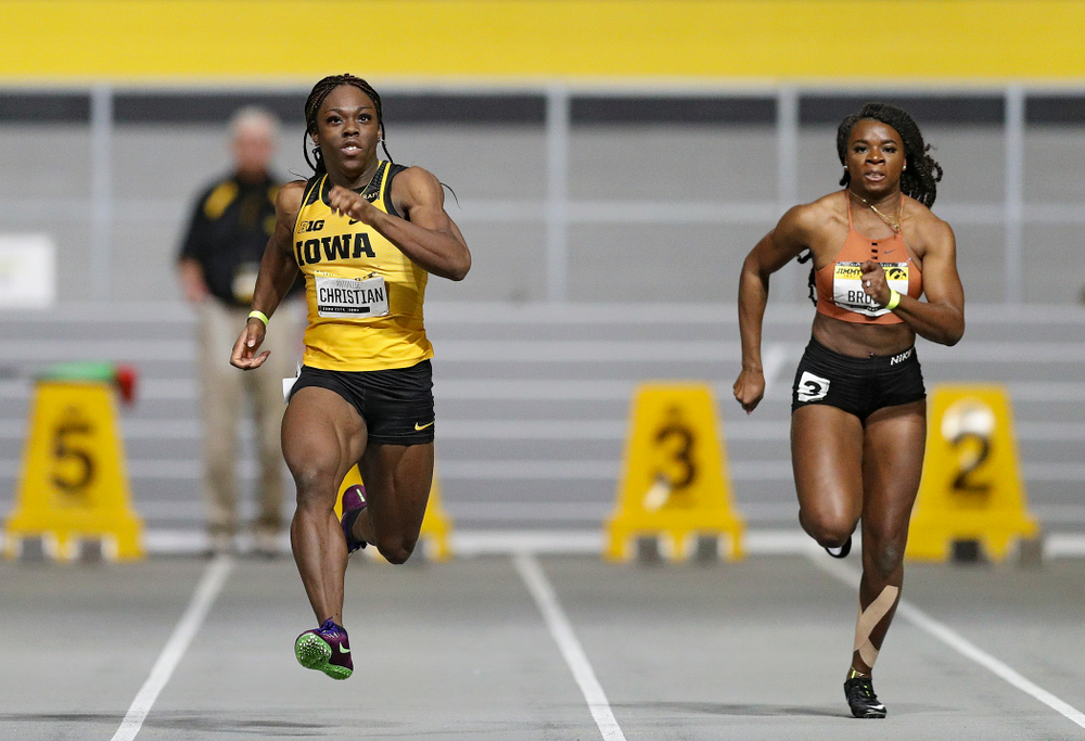 Iowa’s Antonise Christian runs the women’s 60 meter dash event during the Jimmy Grant Invitational at the Recreation Building in Iowa City on Saturday, December 14, 2019. (Stephen Mally/hawkeyesports.com)