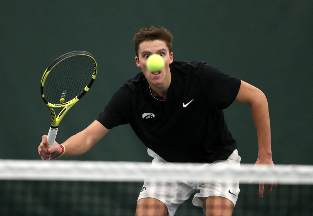 Joe Tyler against Utah Sunday, February 10, 2019 at the Hawkeye Tennis and Recreation Complex. (Brian Ray/hawkeyesports.com)