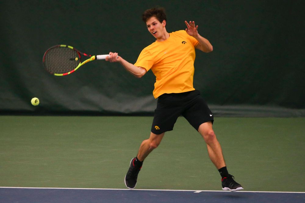 Iowa's Joe Tyler at a tennis match vs Drake Friday, March 8, 2019 at the Hawkeye Tennis and Recreation Complex. (Lily Smith/hawkeyesports.com)