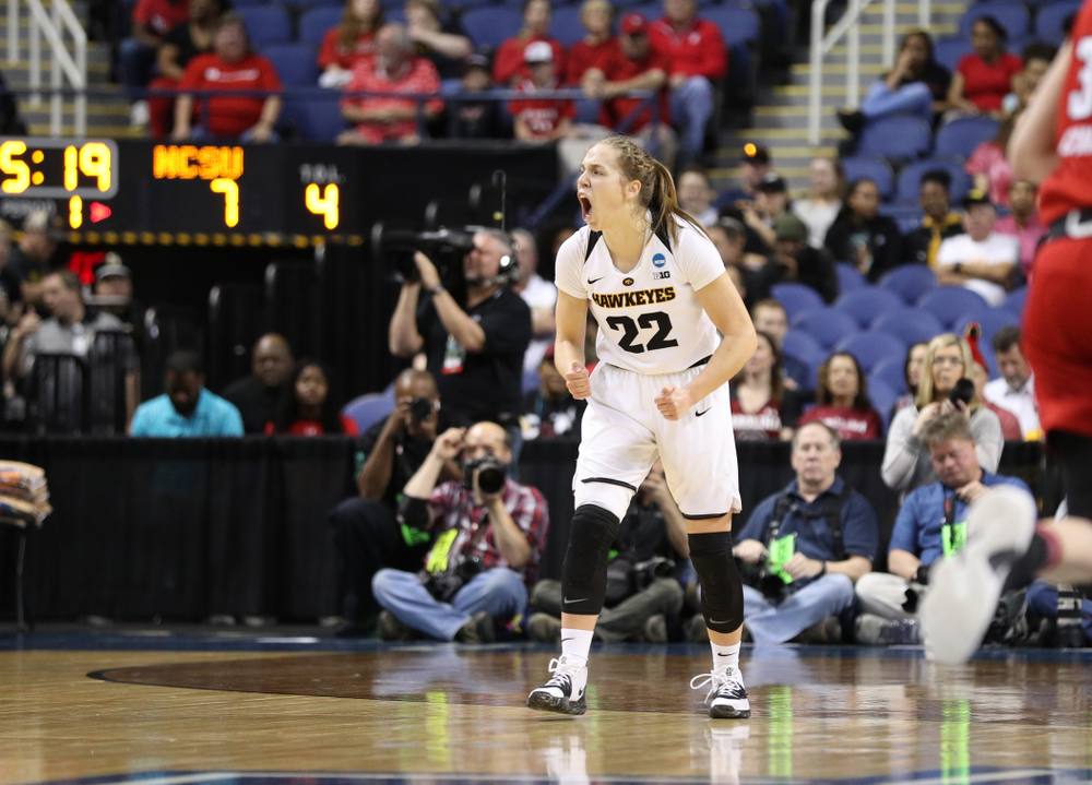 Iowa Hawkeyes guard Kathleen Doyle (22) against the NC State Wolfpack in the regional semi-final of the 2019 NCAA Women's College Basketball Tournament Saturday, March 30, 2019 at Greensboro Coliseum in Greensboro, NC.(Brian Ray/hawkeyesports.com)