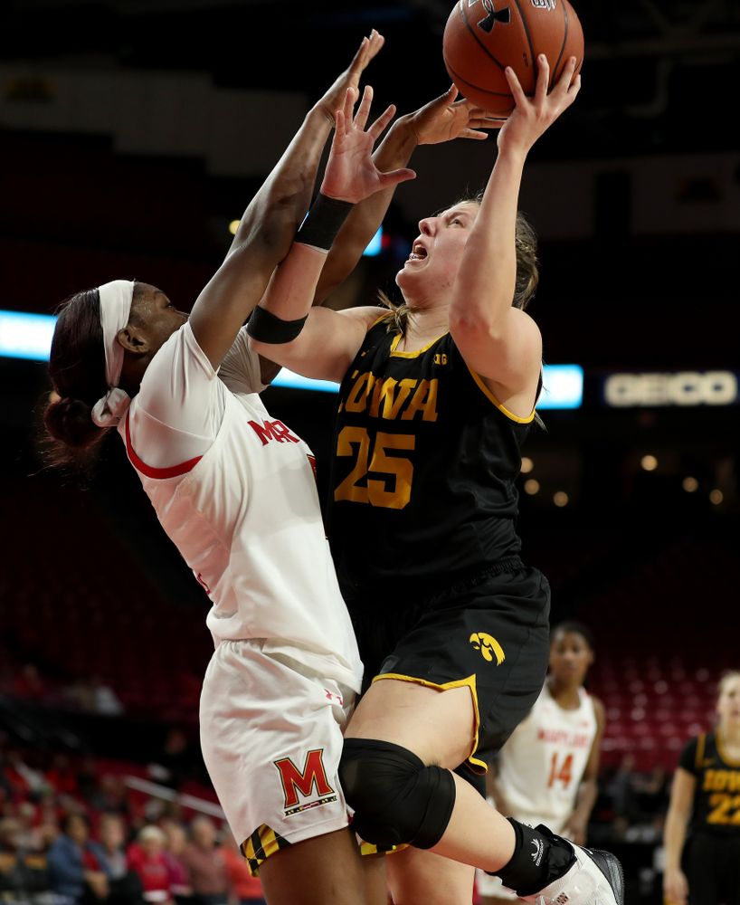 Iowa Hawkeyes forward/center Monika Czinano (25) against the Maryland Terrapins Thursday, February 13, 2020 at the Xfinity Center in College Park, MD. (Brian Ray/hawkeyesports.com)
