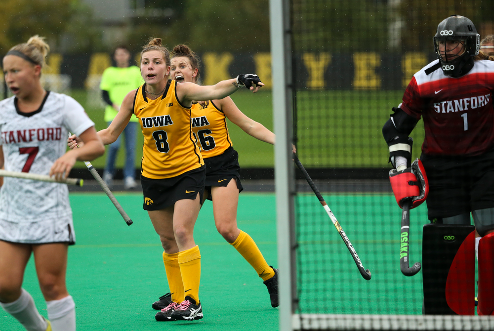 Iowa Hawkeyes midfielder Nikki Freeman (8) and Iowa Hawkeyes forward Madeleine Murphy (26) call for a penalty corner during a game against Stanford at Grant Field on October 7, 2018. (Tork Mason/hawkeyesports.com)