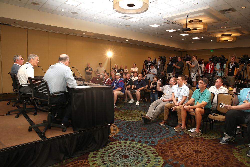 Iowa Hawkeyes head coach Kirk Ferentz and Mississippi State head coach Joe Moorhead answer questions during the Outback Bowl coach's press conference Saturday, December 29, 2018 in Tampa, FL. (Brian Ray/hawkeyesports.com)