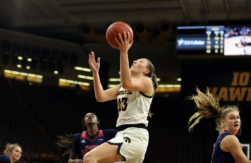 Iowa Hawkeyes forward Amanda Ollinger (43) against Florida Atlantic University Thursday, November 7, 2019 at Carver-Hawkeye Arena. (Brian Ray/hawkeyesports.com)