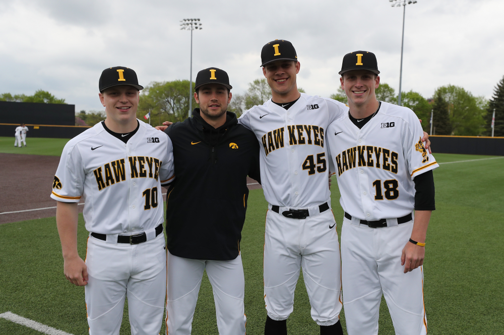 Iowa Hawkeyes Derek Lieurance (10), Grant Leonard (43), Kyle Shimp (45), and Shane Ritter (18) before their game against Michigan State Sunday, May 12, 2019 at Duane Banks Field. (Brian Ray/hawkeyesports.com)