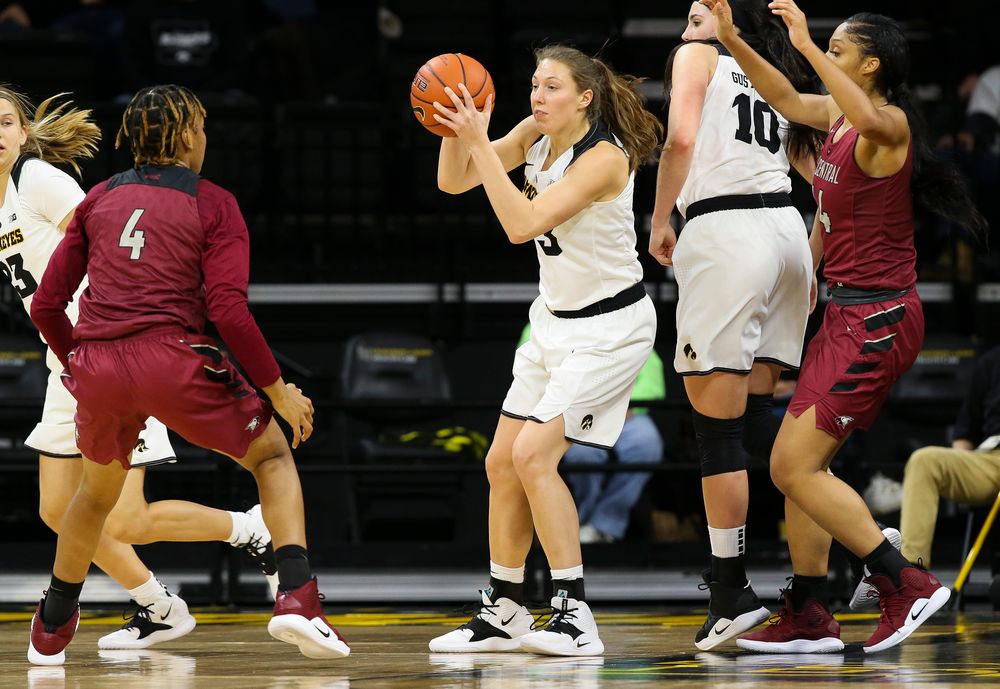 Iowa Hawkeyes forward Amanda Ollinger (43) grabs a rebound during a game against North Carolina Central at Carver-Hawkeye Arena on November 17, 2018. (Tork Mason/hawkeyesports.com)