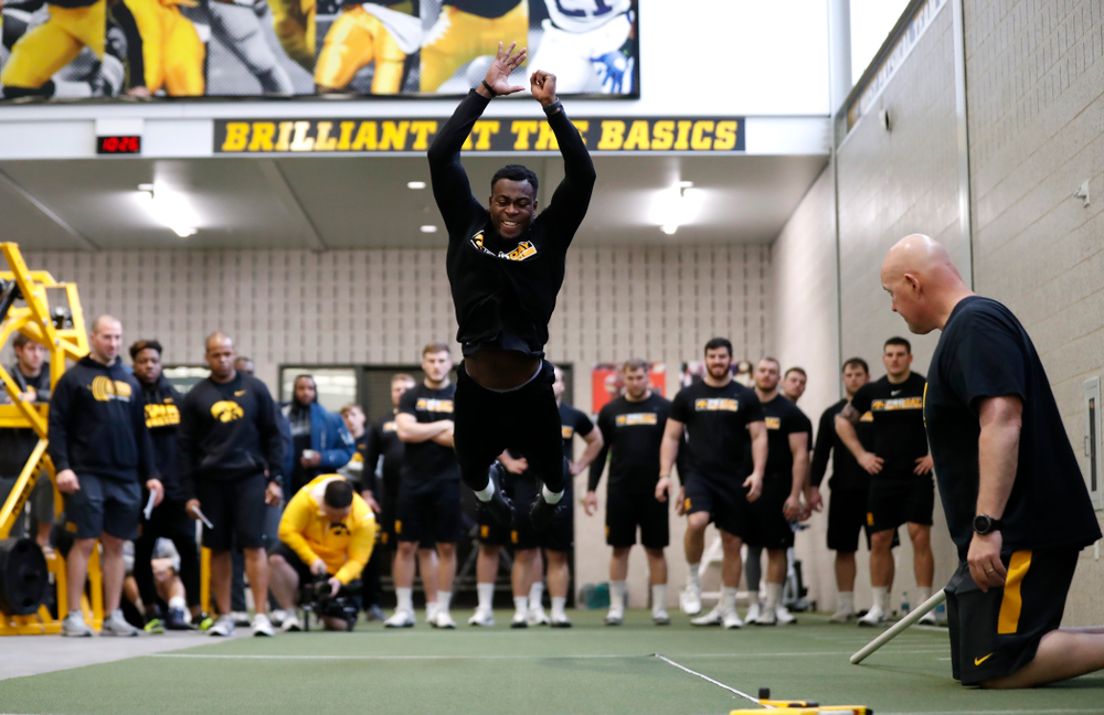 Iowa Hawkeyes defensive back Joshua Jackson (15) during the team's annual pro day Monday, March 26, 2018 at the Hansen Football Performance Center. (Brian Ray/hawkeyesports.com)