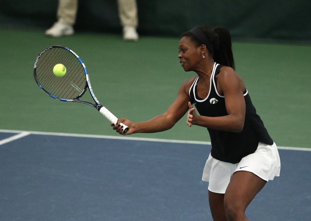 Iowa's Adorabol Huckleby during a doubles match against North Texas Sunday, January 20, 2019 at the Hawkeye Tennis and Recreation Center. (Brian Ray/hawkeyesports.com)