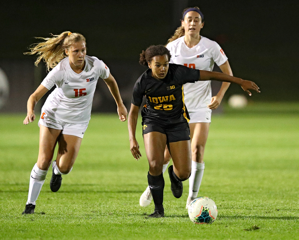 Iowa midfielder/forward Melina Hegelheimer (26) moves with the ball during the second half of their match against Illinois at the Iowa Soccer Complex in Iowa City on Thursday, Sep 26, 2019. (Stephen Mally/hawkeyesports.com)