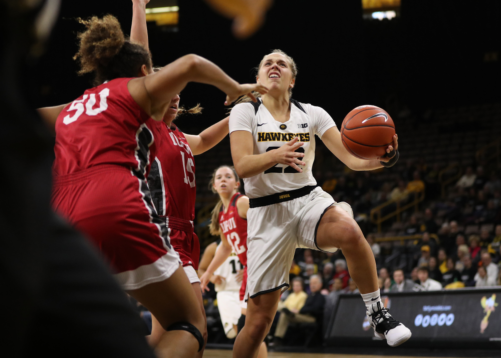 Iowa Hawkeyes guard Kathleen Doyle (22) against the IUPUI Jaguars Saturday, December 8, 2018 at Carver-Hawkeye Arena. (Brian Ray/hawkeyesports.com)