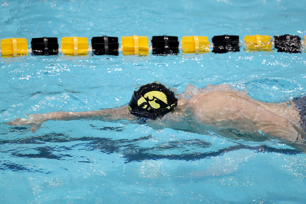 IowaÕs Joe Myhre swims the freestyle leg of the 200 Medley Relay against Notre Dame and Illinois Saturday, January 11, 2020 at the Campus Recreation and Wellness Center. (Brian Ray/hawkeyesports.com)