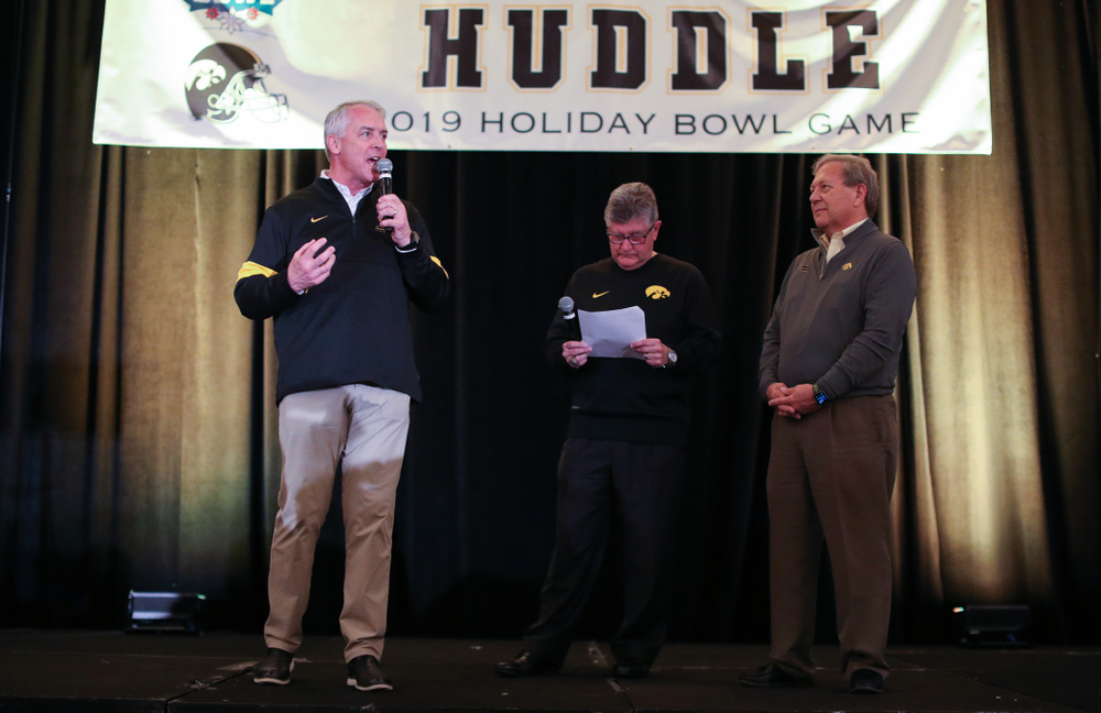 Henry B. and Patricia B. Tippie Director of Athletics Chair Gary Barta addresses the crowd during the Holiday Bowl Hawkeye Huddle Thursday, December 26, 2019 at the Hilton in downtown San Diego. (Brian Ray/hawkeyesports.com)