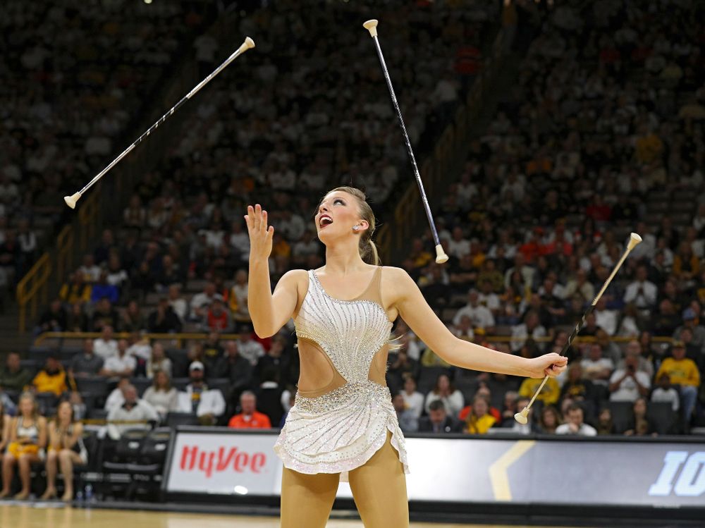 Iowa Golden Girl Kylene Spanbauer performs during halftime of the game at Carver-Hawkeye Arena in Iowa City on Sunday, February 2, 2020. (Stephen Mally/hawkeyesports.com)