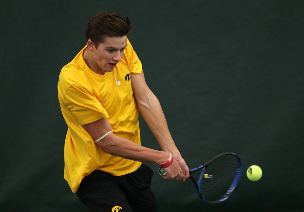 Joe Tyler against the Butler Bulldogs Sunday, January 27, 2019 at the Hawkeye Tennis and Recreation Complex. (Brian Ray/hawkeyesports.com)