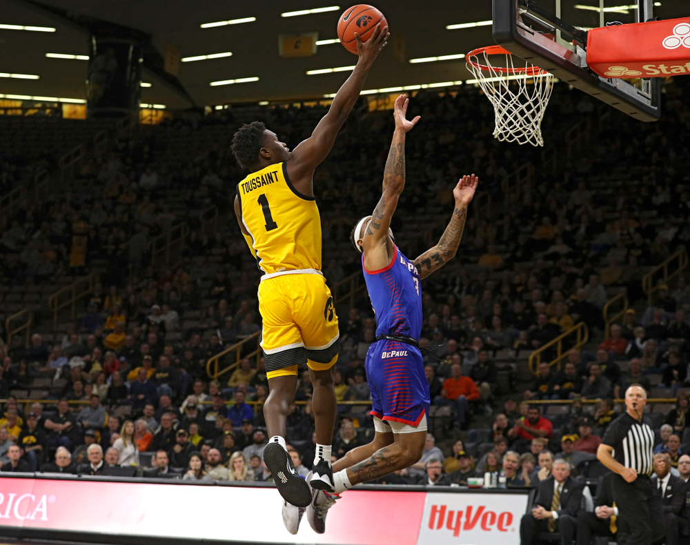 Iowa Hawkeyes guard Joe Toussaint (1) scores a basket during the second half of their game at Carver-Hawkeye Arena in Iowa City on Monday, Nov 11, 2019. (Stephen Mally/hawkeyesports.com)