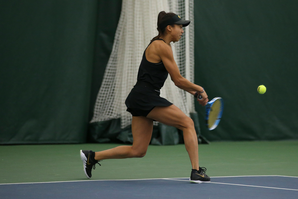 Iowa’s Michelle Bacalla returns a ball during the Iowa women’s tennis meet vs UNI on Saturday, February 29, 2020 at the Hawkeye Tennis and Recreation Complex. (Lily Smith/hawkeyesports.com)