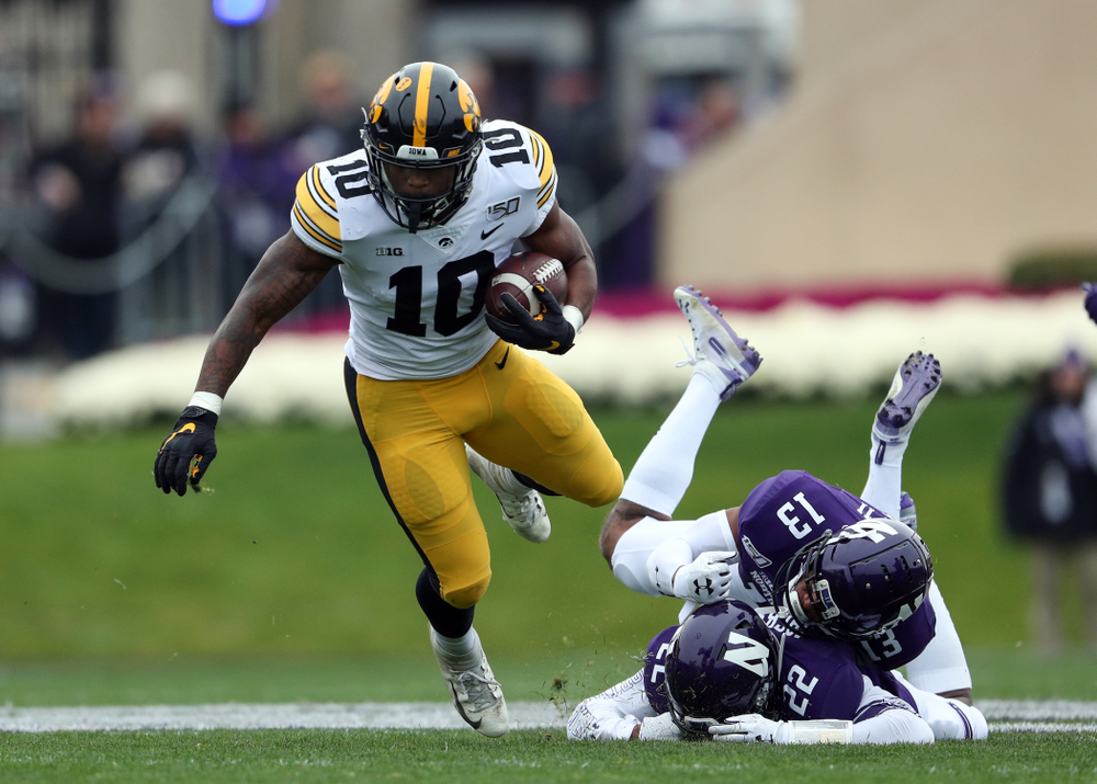 Iowa Hawkeyes running back Mekhi Sargent (10) against the Northwestern Wildcats Saturday, October 26, 2019 at Ryan Field in Evanston, Ill. (Brian Ray/hawkeyesports.com)