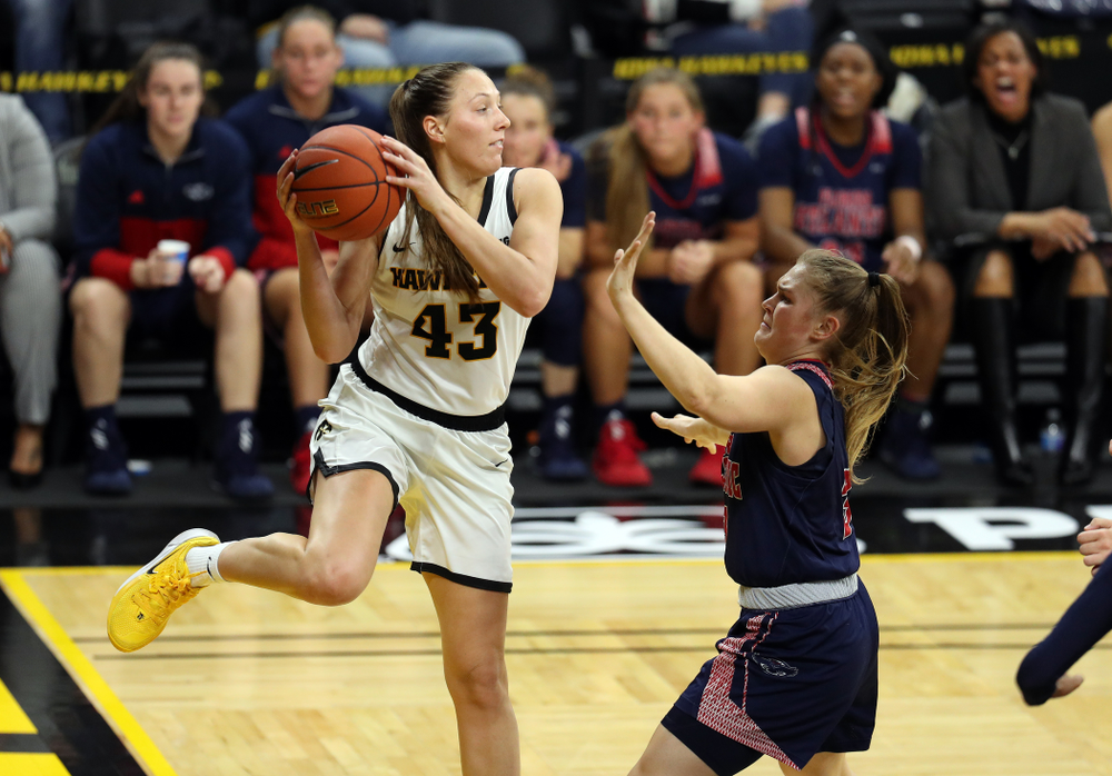 Iowa Hawkeyes forward Amanda Ollinger (43) against Florida Atlantic University Thursday, November 7, 2019 at Carver-Hawkeye Arena. (Brian Ray/hawkeyesports.com)