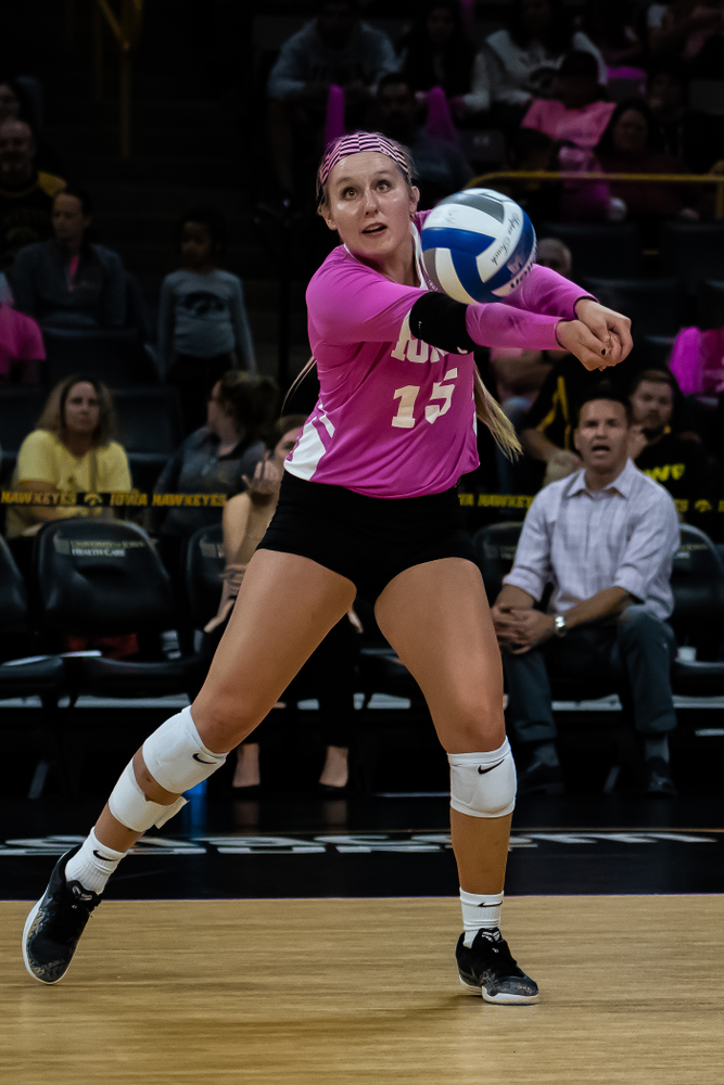 Iowa Hawkeyes defensive specialist Maddie Slagle (15) against the Wisconsin Badgers Saturday, October 6, 2018 at Carver-Hawkeye Arena. (Clem Messerli/Iowa Sports Pictures)