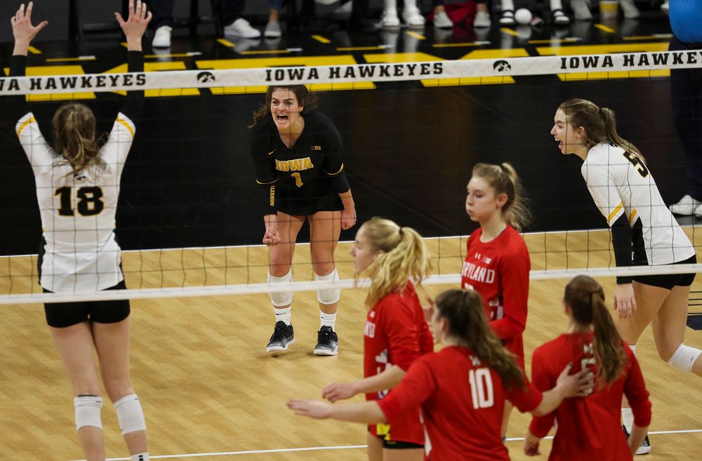 Iowa Hawkeyes defensive specialist Molly Kelly (1) celebrates after winning a point during a match against Maryland at Carver-Hawkeye Arena on November 23, 2018. (Tork Mason/hawkeyesports.com)