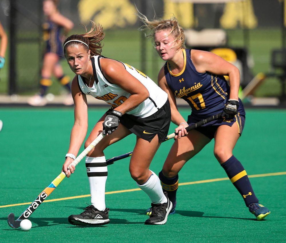 Iowa’s Sophie Sunderland (20) moves with the ball during the second quarter of their game at Grant Field in Iowa City on Friday, Sep 13, 2019. (Stephen Mally/hawkeyesports.com)