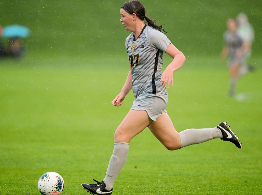 Iowa forward Samantha Tawharu (27) moves with the ball during the second half of their match at the Iowa Soccer Complex in Iowa City on Sunday, Sep 29, 2019. (Stephen Mally/hawkeyesports.com)