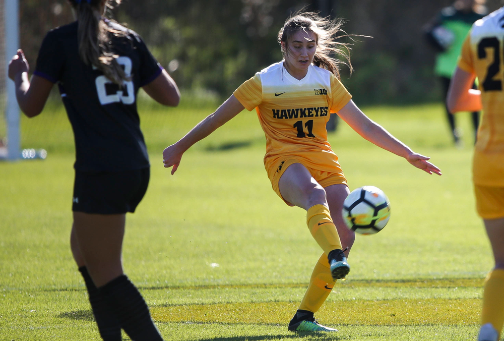 Iowa Hawkeyes midfielder Sydney Blitchok (11) passes the ball during a game against Northwestern at the Iowa Soccer Complex on October 21, 2018. (Tork Mason/hawkeyesports.com)