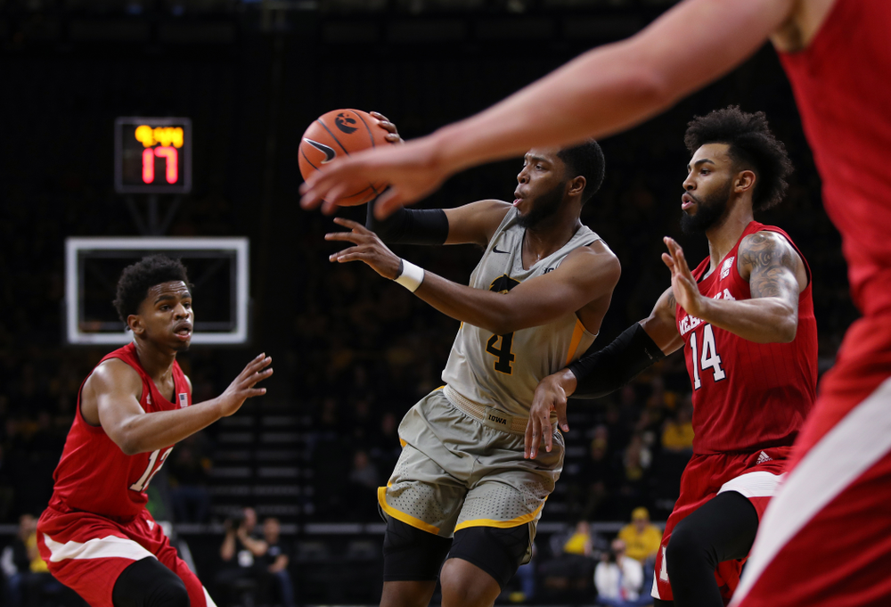Iowa Hawkeyes guard Isaiah Moss (4) against the Nebraska Cornhuskers Sunday, January 6, 2019 at Carver-Hawkeye Arena. (Brian Ray/hawkeyesports.com)