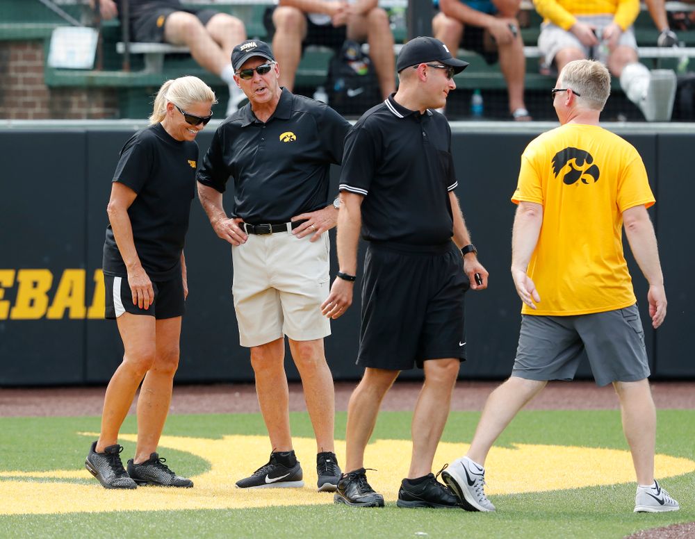 Iowa Hawkeyes Director of Athletics Gary Barta and Head Softball Coach Renee Gillispie during the Iowa Student Athlete Kickoff Kickball game Sunday, August 19, 2018 at Duane Banks Field. (Brian Ray/hawkeyesports.com)