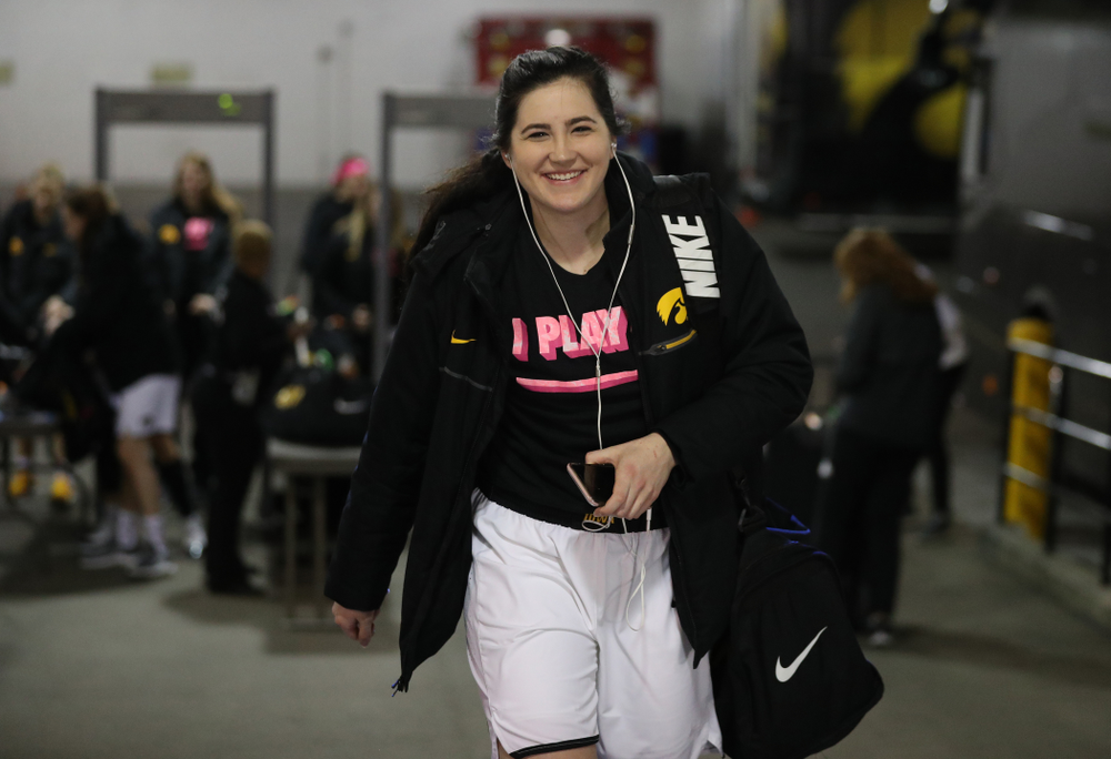 Iowa Hawkeyes forward Megan Gustafson (10) against the Rutgers Scarlet Knights in the semi-finals of the Big Ten Tournament Saturday, March 9, 2019 at Bankers Life Fieldhouse in Indianapolis, Ind. (Brian Ray/hawkeyesports.com)