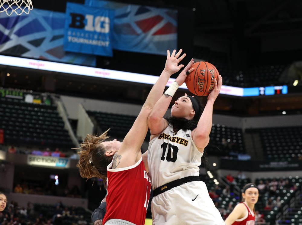 Iowa Hawkeyes forward Megan Gustafson (10) against the Indiana Hoosiers in the quarterfinals of the Big Ten Tournament Friday, March 8, 2019 at Bankers Life Fieldhouse in Indianapolis, Ind. (Brian Ray/hawkeyesports.com)