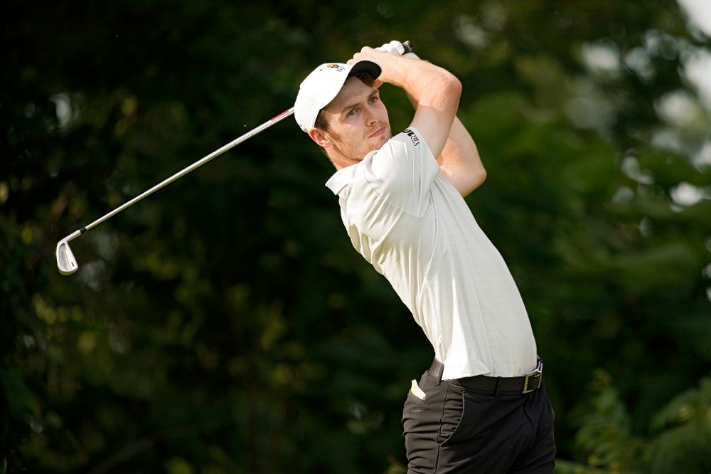 Iowa’s Jake Rowe tees off during the second day of the Golfweek Conference Challenge at the Cedar Rapids Country Club in Cedar Rapids on Monday, Sep 16, 2019. (Stephen Mally/hawkeyesports.com)