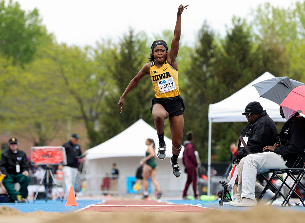 Iowa's Amanda Carty jumps in the women’s triple jump event on the third day of the Big Ten Outdoor Track and Field Championships at Francis X. Cretzmeyer Track in Iowa City on Sunday, May. 12, 2019. (Stephen Mally/hawkeyesports.com)