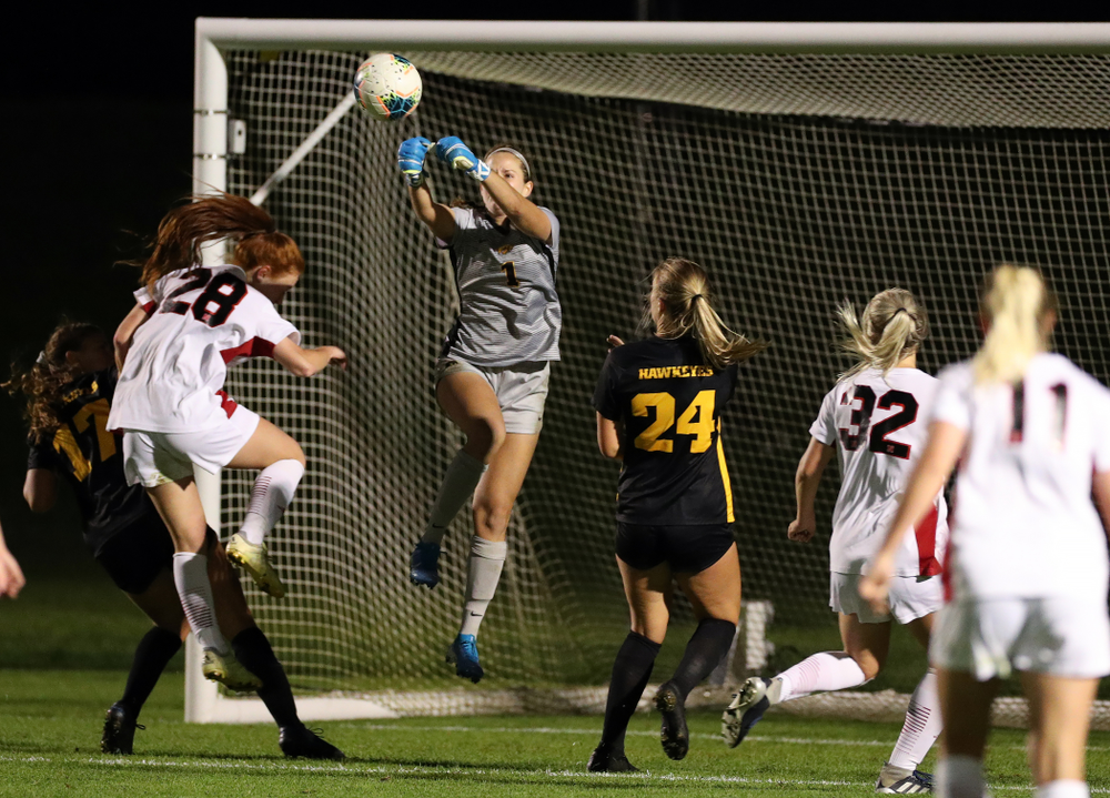 Iowa Hawkeyes goalkeeper Claire Graves (1) makes a save against the Nebraska Cornhuskers Thursday, October 3, 2019 at the Iowa Soccer Complex. (Brian Ray/hawkeyesports.com)