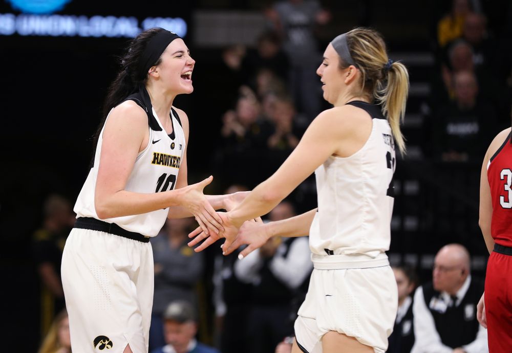 Iowa Hawkeyes forward Megan Gustafson (10) and forward Hannah Stewart (21) against the Nebraska Cornhuskers Thursday, January 3, 2019 at Carver-Hawkeye Arena. (Brian Ray/hawkeyesports.com)