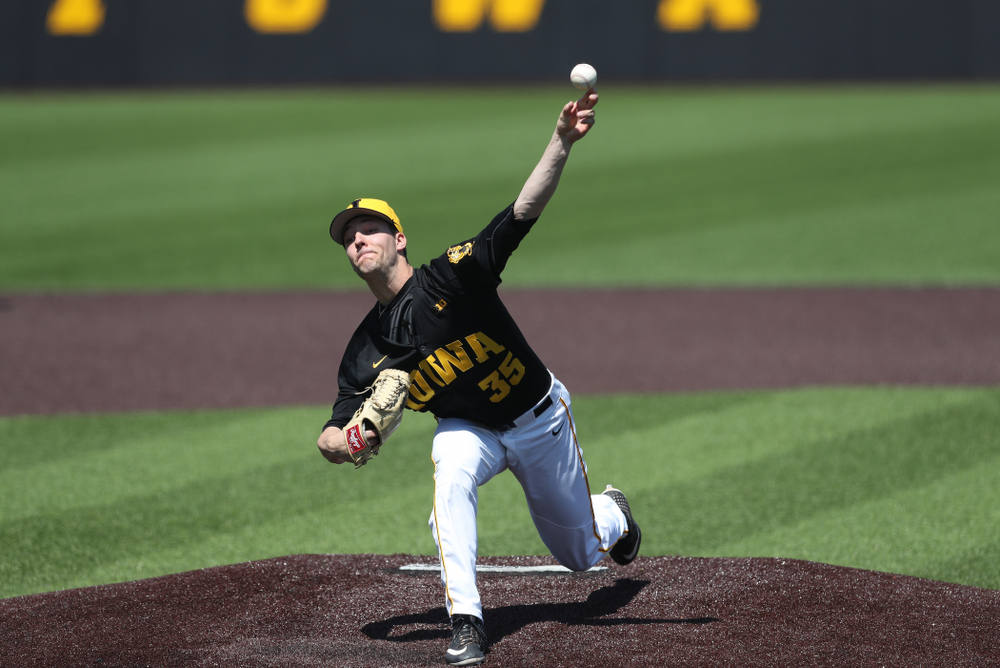Iowa Hawkeyes Cam Baumann (35) delivers the ball to the plate during game two against UC Irvine Saturday, May 4, 2019 at Duane Banks Field. (Brian Ray/hawkeyesports.com)