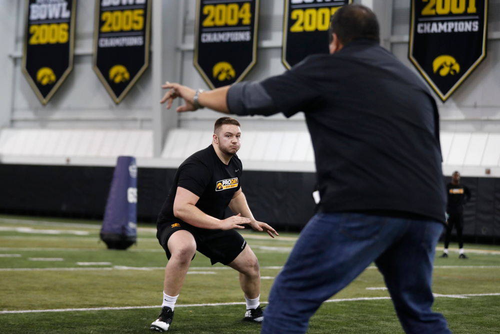 Iowa Hawkeyes offensive lineman Boone Myers (52) during the team's annual pro day Monday, March 26, 2018 at the Hansen Football Performance Center. (Brian Ray/hawkeyesports.com)