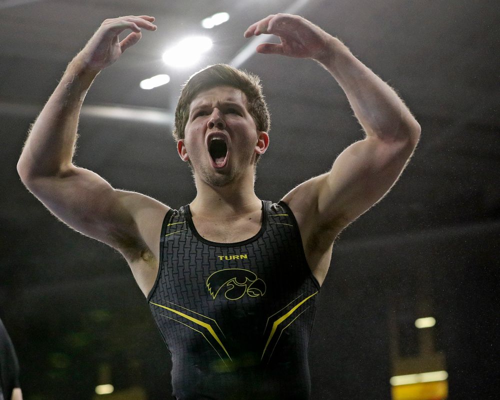 Iowa's Rogelio Vazquez is pumped up after competing in the parallel bars during the first day of the Big Ten Men's Gymnastics Championships at Carver-Hawkeye Arena in Iowa City on Friday, Apr. 5, 2019. (Stephen Mally/hawkeyesports.com)