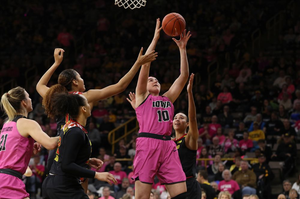 Iowa Hawkeyes forward Megan Gustafson (10) against the seventh ranked Maryland Terrapins Sunday, February 17, 2019 at Carver-Hawkeye Arena. (Brian Ray/hawkeyesports.com)