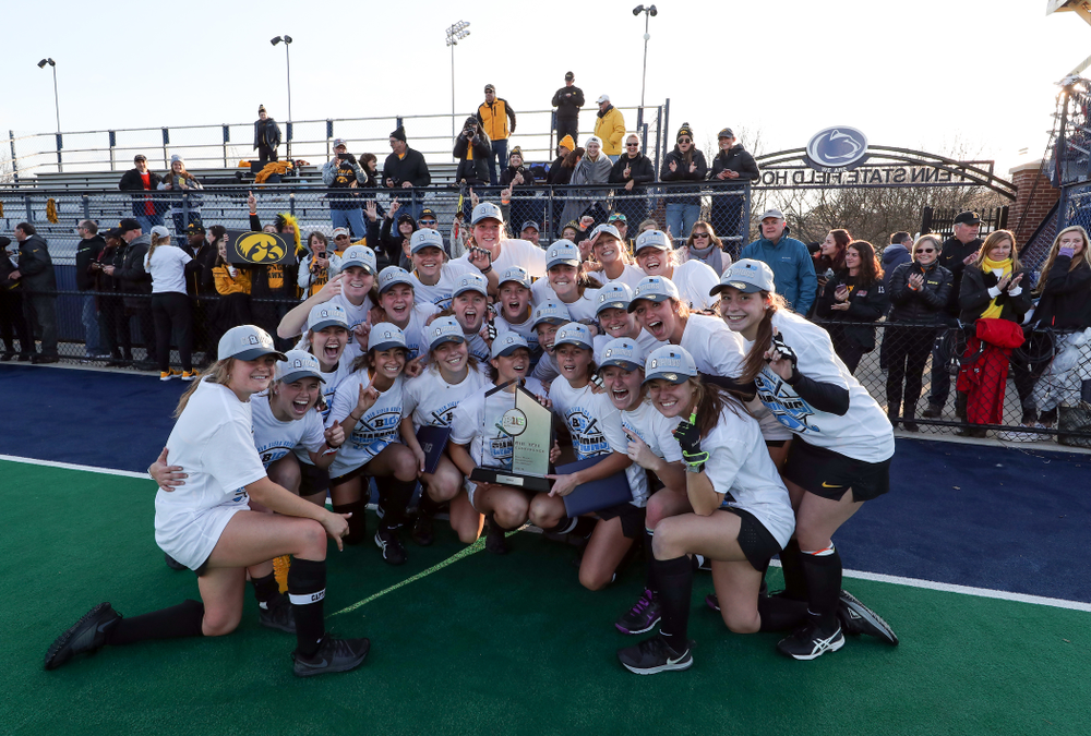 The Iowa Hawkeyes celebrate their victory over Penn State in the 2019 Big Ten Field Hockey Tournament Championship Game Sunday, November 10, 2019 in State College. (Brian Ray/hawkeyesports.com)
